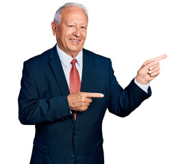 Senior man with grey hair wearing business suit and tie smiling and looking at the camera pointing...
