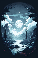 Fototapeta premium Landscape illustration with moon, Sunset
