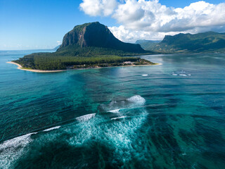 Incredible view of the famous underwater waterfall and Le Morne mountain in Mauritius. Picture...