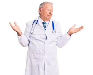 Senior handsome grey-haired man wearing doctor coat and stethoscope smiling showing both hands open palms, presenting and advertising comparison and balance