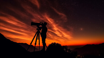 A person immersed in stargazing through a telescope, their silhouette against a vibrant sunset backdrop. Generative AI