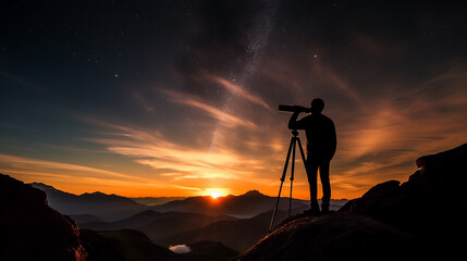 A person immersed in stargazing through a telescope, silhouette against a vibrant sunset backdrop. 