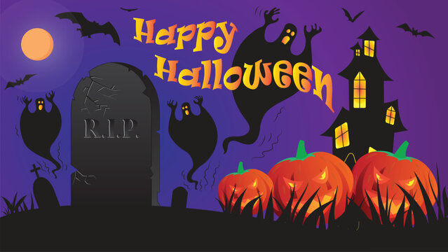 Happy Halloween wish vector illustration with spooky ghosts, bats, scary witch house, pumpkins and grave