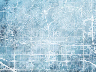 Illustration of a map of the city of  Fullerton California in the United States of America with white roads on a icy blue frozen background.