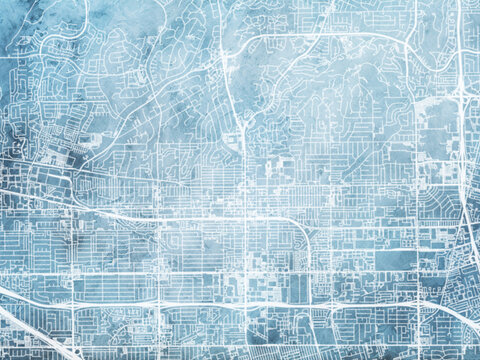 Illustration of a map of the city of Fullerton California in the United States of America with white roads on a icy blue frozen background. © Map Graphics