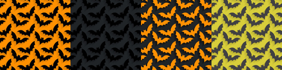 4 Seamless pattern of pop up cartoon flying bats with shadows for perspective on orange, orange yellow, gray, and black backgrounds. Colorful Halloween pattern collection. Vector Illustration. EPS 10.