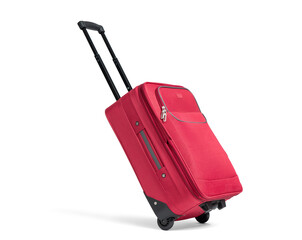 Red suitcase on wheels with the handle extended in the running position, isolated on a transparent background png.