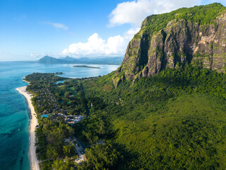 Incredible view of Le Morne mountain in Mauritius. Picture taken from drone