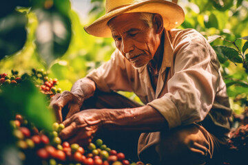Farmer harvesting red coffee beans on plantation - obrazy, fototapety, plakaty