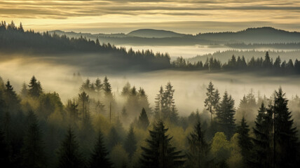 misty morning nature landscape with trees, mountains and fog in the valley