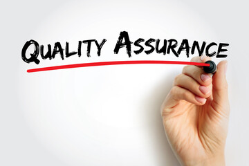 Quality Assurance - systematic process of determining whether a product or service meets specified requirements, text concept background - obrazy, fototapety, plakaty