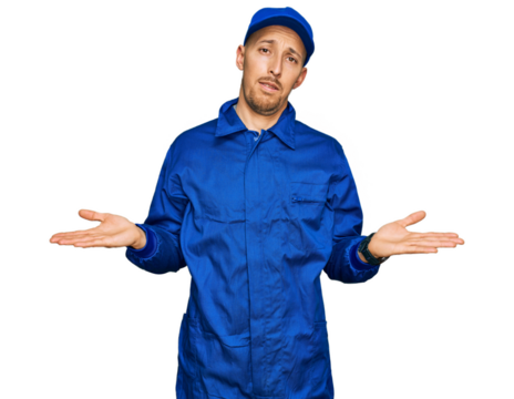 Bald man with beard wearing builder jumpsuit uniform clueless and confused with open arms, no idea concept.