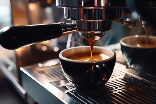 Fresh aromatic espresso pouring from coffee machine at coffee house