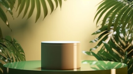 white round shape stage backdrop with tree leaf tropical nature decorating frame on green background advertisment template mock up design,ai generate