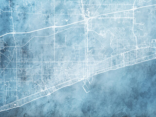 Illustration of a map of the city of  Gulfport Mississippi in the United States of America with white roads on a icy blue frozen background.