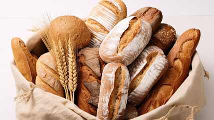 A basket full of freshly baked bread - obrazy, fototapety, plakaty