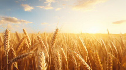 Fototapeta na wymiar wheat spikes on wheat field with golden light