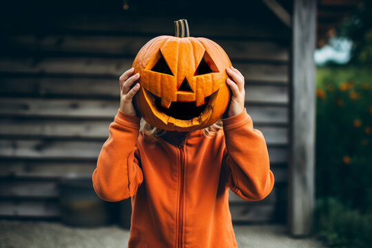 A child holds a spooky halloween pumpkin up as as halloween mask costume