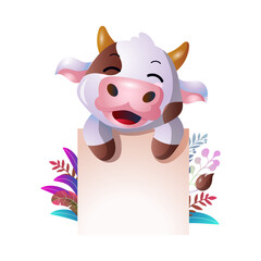 cute cow cartoon with blank sign