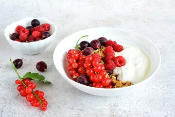 muesli with raspberry, gooseberry, red currant and yogurt in white plate   