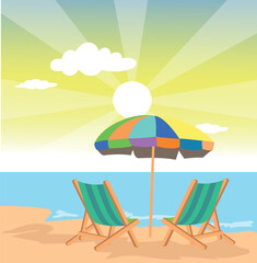 Fototapeta na wymiar Illustration of Beach Chairs with Umbrella