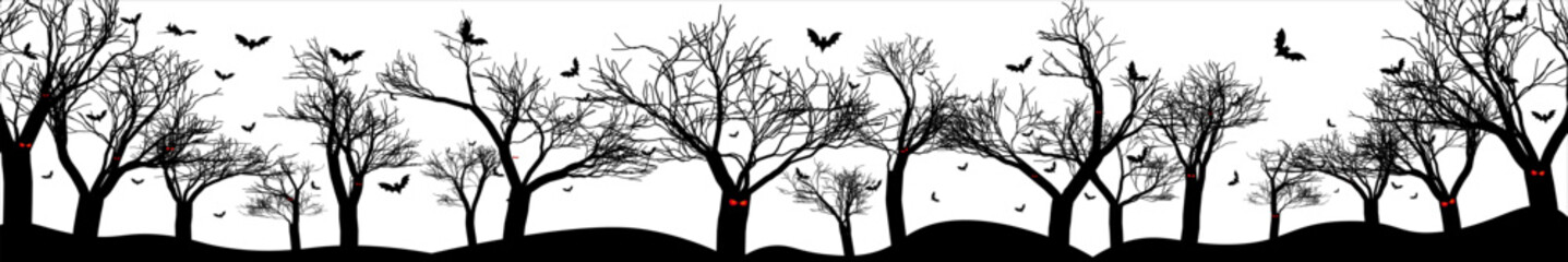 Scary black forest silhouette with groups flying bats isolated on white background. Perfect for Halloween Backgrounds. Vector Illustration. EPS 10.