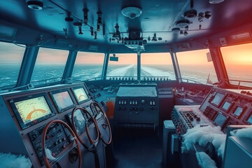 Captain's cabin with control panel board in icebreaker ship in arctic sea