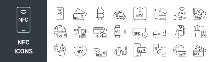 nfc technology, Contactless payment icon set vector illustration, Wireless payment, money, bitcoin, credit card, editable Stroke