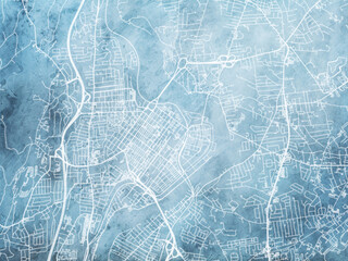 Illustration of a map of the city of  Holyoke Massachusetts in the United States of America with white roads on a icy blue frozen background.