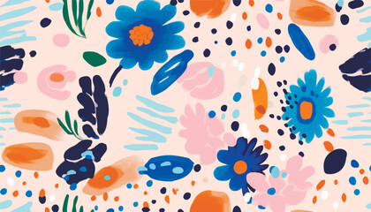Hand drawn bright naive abstract floral print. Cute collage pattern. Fashionable template for design