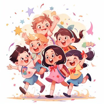 Happy school children jumping and having fun. Vector illustration in cartoon style. Happy children playing together, colorful illustrations
