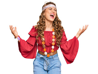 Young blonde girl wearing bohemian and hippie style crazy and mad shouting and yelling with...