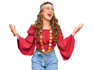 Young blonde girl wearing bohemian and hippie style crazy and mad shouting and yelling with aggressive expression and arms raised. frustration concept.