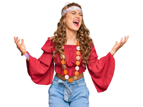 Young blonde girl wearing bohemian and hippie style crazy and mad shouting and yelling with aggressive expression and arms raised. frustration concept. - Powered by Adobe