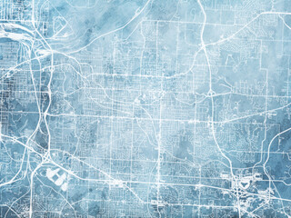 Illustration of a map of the city of  Independence Missouri in the United States of America with white roads on a icy blue frozen background.