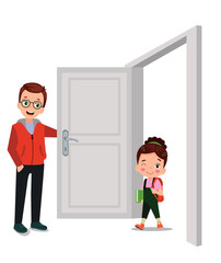 Fototapeta premium little kid standing and holding door knob