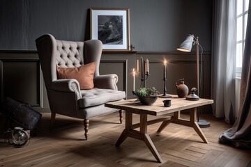 Wing chair near rustic wooden coffee table. Interior design of scandinavian living room