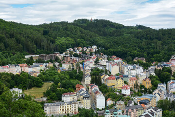 Beautiful colorful buildings in traditional spa town of Karlovy Vary, Czech Republic. Traditional...
