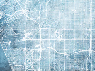 Fototapeta premium Illustration of a map of the city of Inglewood California in the United States of America with white roads on a icy blue frozen background.