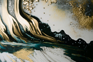 Obraz na płótnie Canvas Impressive depiction of mixed liquid and gold glitter paints. Close-up painting, abstract colorful painting background. Generative AI