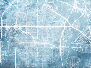 Illustration of a map of the city of  Irving Texas in the United States of America with white roads on a icy blue frozen background.