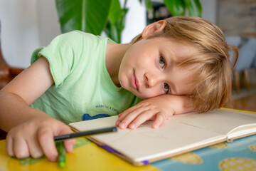 Back to school. Portrait of little child boy writing, drawing in notebook sitting at desk and doing homework. Pupil of primary school in class writing and reading. Home schooling and education at home