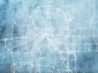 Illustration of a map of the city of  Jacksonville Florida in the United States of America with white roads on a icy blue frozen background.
