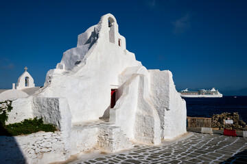 Famous tourist landmark of Greece - Greek Orthodox Church of Panagia Paraportiani in town of Chora...