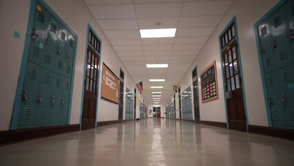 Low angle push in down a long empty high school hallway with US American flag with the corridor lined with student lockers. - Powered by Adobe