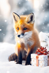 Fototapeta premium Portrait of a fox sitting under snowfall with Christmas gift box. Christmas card with cute fluffy ginger fox cub. Generative AI.