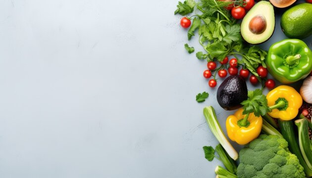 Fresh vegetables and fruits on a blue background. Healthy food concept.