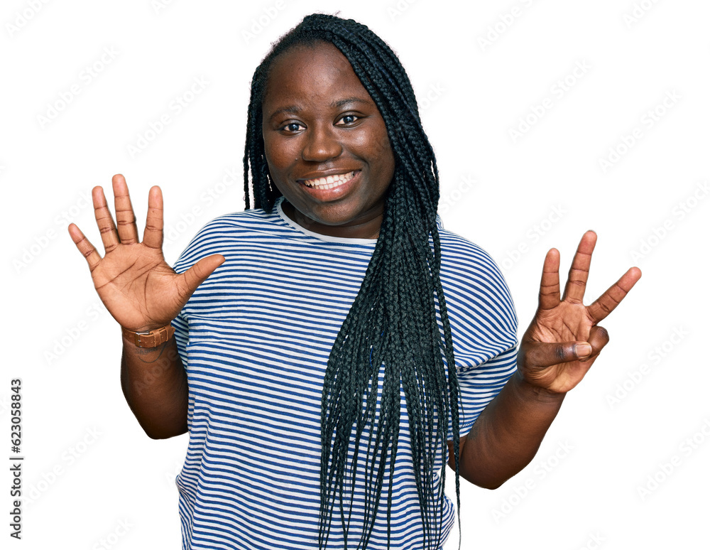 Sticker Young black woman with braids wearing casual clothes showing and pointing up with fingers number eight while smiling confident and happy.