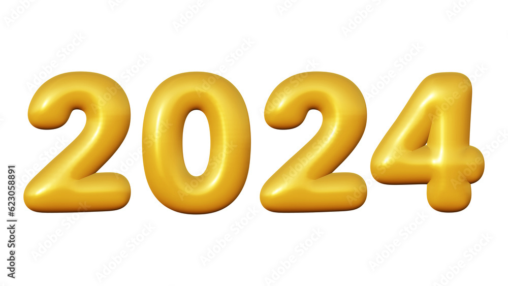 Poster 2024 number in 3d rendering for new year and calendar concept