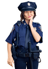 Young beautiful girl wearing police uniform touching mouth with hand with painful expression because of toothache or dental illness on teeth. dentist